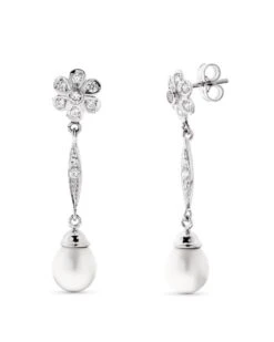 Pendientes De Oro 18k Co Perla Y Flor De Oro Blanco PM-15321